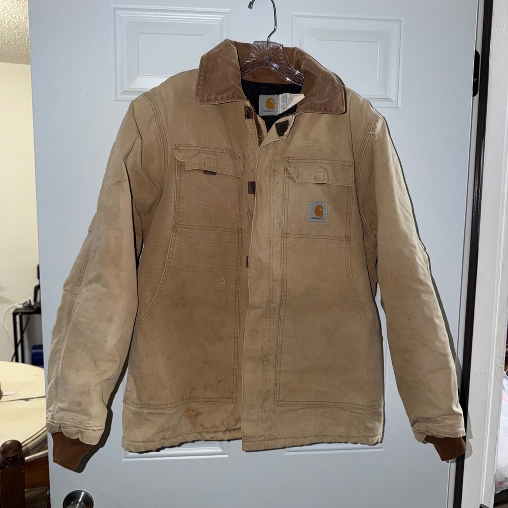 Vintage Carhartt Duck Canvas Chore Large Jacket Tan Quilt Lined Mens